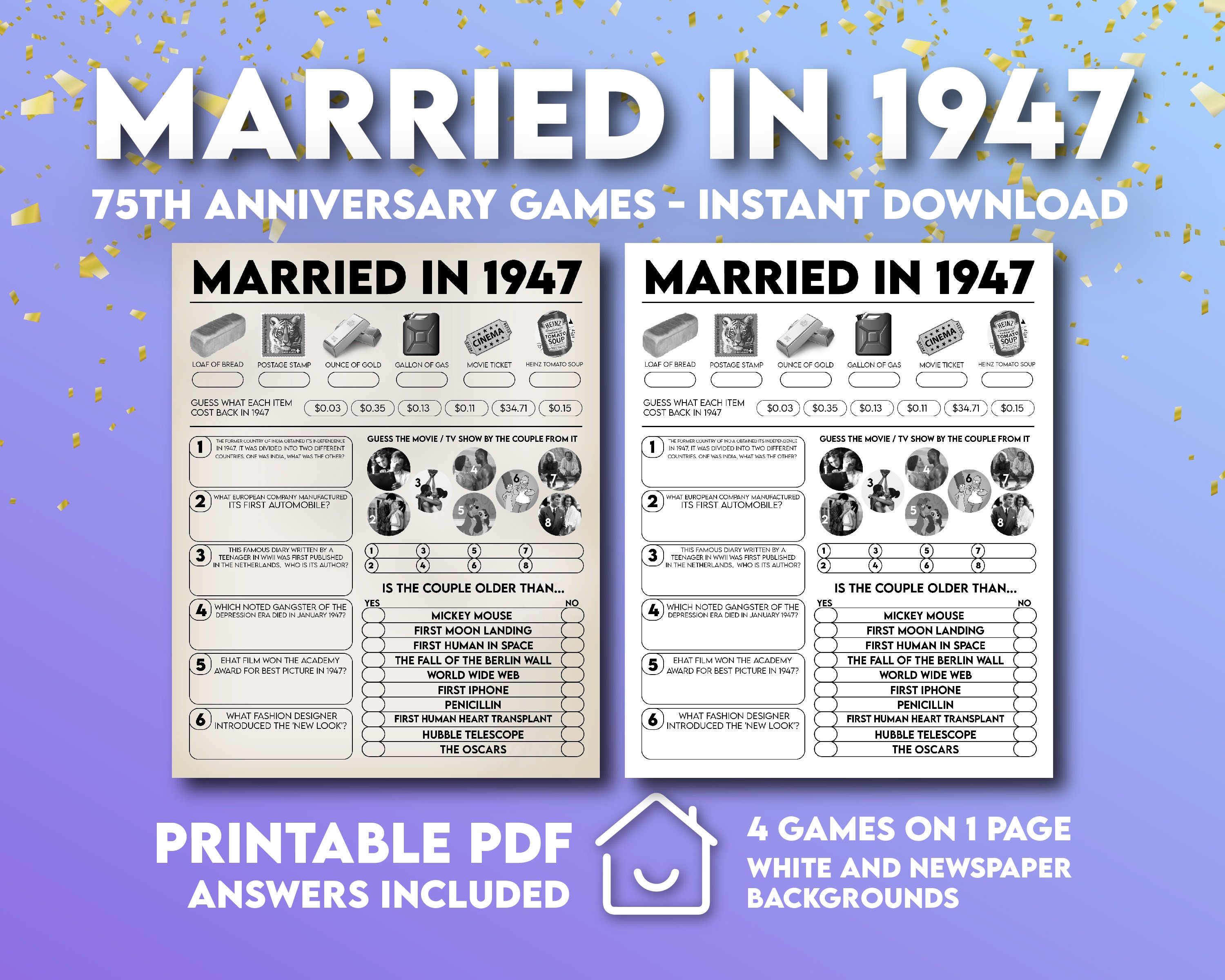 75th Wedding Games Married In 1947 Games 1947 Trivia 75th Etsy 75th-wedding-games-married-in-1947-games-1947-trivia-75th-etsy