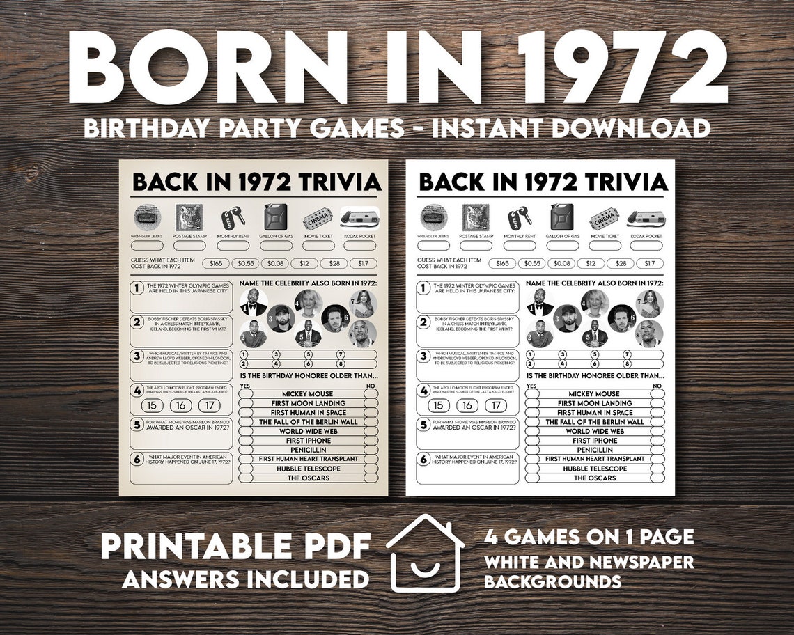 Printable 50th Birthday Games Born In 1972 Party Games 1972 Etsy