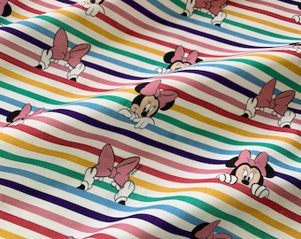 Disney Rainbow Stripe Minnie Mouse 100% Cotton Fabric - Half Metre/Metre