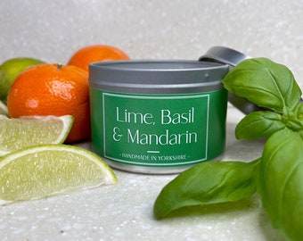 Lime, Basil and Mandarin Scented Candle, Handcrafted and Handmade. Boost + Uplift. Vegan. Natural Wax.