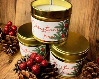 Christmas Tree Scented Candle, Handcrafted and Handmade. Christmas Pine, Sandalwood and Eucalyptus Scented Candle.