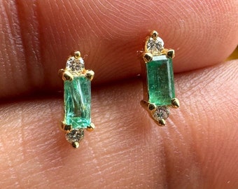 14k Solid Gold Green Emerald Diamond Studs, Baguette Earring, Minimal Jewelry, Small Stud Earrings for Women, May Birthstone Jewelry