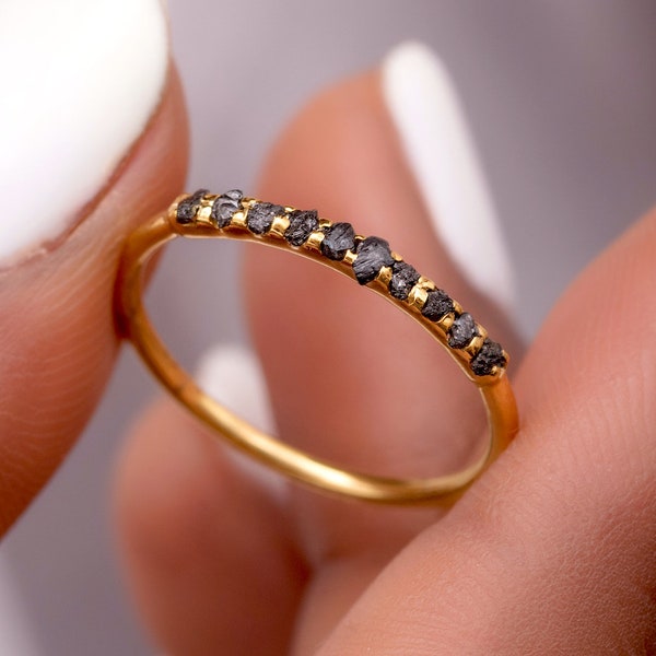 Natural Rough Raw Black Diamond Stackable Ring in 14K Solid Gold, Minimal Half Eternity Promise Band Ring by Skosh, Perfect Unique Gift