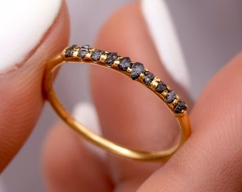 Natural Rough Raw Black Diamond Stackable Ring in 14K Solid Gold, Minimal Half Eternity Promise Band Ring by Skosh, Perfect Unique Gift