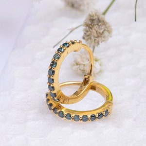 Blue Diamond Minimalist Huggie Hoop Earrings in 14K Solid Gold by Skosh, Perfect Earrings for Women