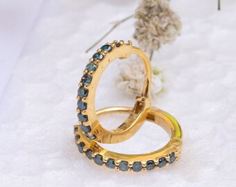 Blue Diamond Minimalist Huggie Hoop Earrings in 14K Solid Gold by Skosh, Perfect Earrings for Women