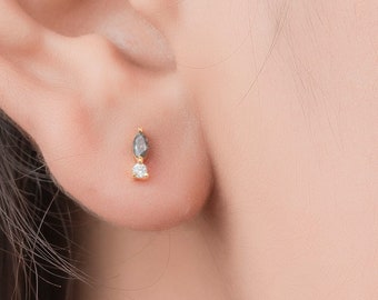 Unique Salt and Pepper Marquise Cut Diamond Small Studs Earrings, Minimal Bridal Jewelry a Perfect Valentines Gift for Her