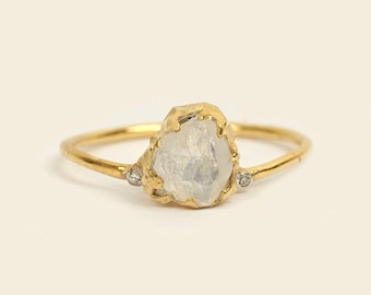 Natural Raw Moonstone & Diamond June Birthstone Ring in 14K Solid Gold, Engagement Ring, Promise Ring, Unique Gift For Her For Mom by Skosh