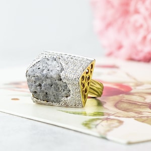 Oversized Raw Gray Diamond Cocktail Ring, Diamond Cluster Statement Ring, Party Ring, Unique Wedding Diamond Ring, Diamond Jewelry