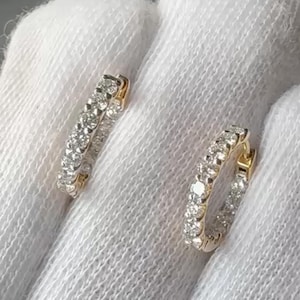14k Solid Gold Lab Grown Diamonds Small Hoop Earrings - Delicate Jewelry - Gift for Wife, Inside Out Diamond Hoop Earrings