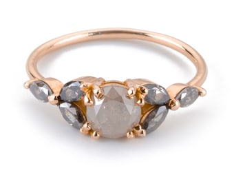White Diamond Solitaire Engagement Ring, 14K Solid Gold Diamond Cluster Ring, Unique Salt And Pepper Engagement Ring, Conflict Free Diamonds