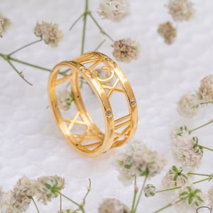 Personalised Wedding Date ring in 14K Solid Gold, Custom Roman Numeral Ring, Salt and Pepper Diamond Engagement ring, Gold Double band