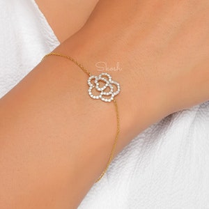 Heart Flower Diamond Chain Bracelet, 14k Solid Gold Lab Grown Diamond Minimal Jewelry