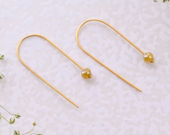 U Shaped Open Hoop earrings, 14k Solid Gold Long Arc Earrings, Yellow Diamond Bead huggie hoop, Threader Arc Hoops, Minimal dangle earrings