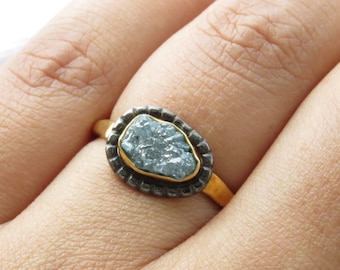 Raw Rough Blue Diamond Solitaire Ring with Black Rhodium Border, 925 Sterling Silver Ring, Alternate Wedding Engagement Ring, Uncut Diamond