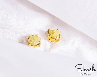 Rough Raw Yellow Diamond Stud Earring, Minimalistic Jewelry in 14K Solid Gold with 4 Gold Prong For Women by Skosh, Perfect Gift