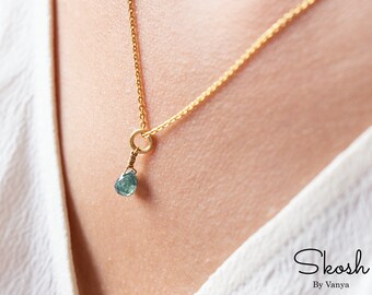 Natural Blue Diamond Briolette Charm Necklace in 14K Solid Gold, Minimalist Bridal Choker with 1 CTW  Layering Solitaire Pendant