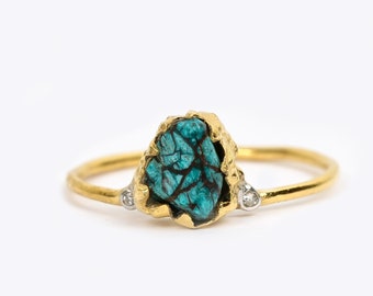 Natural Raw Turquoise & Diamond December Birthstone Ring in 14K Solid Gold, 3 Stone Engagement Ring, Promise Ring, Unique Personalised Gift