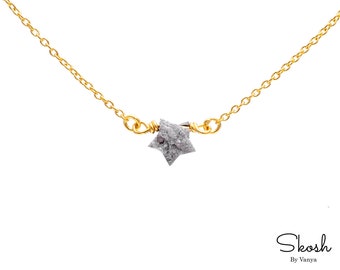 14K Solid Gold Rough Diamond Star Necklace: Dainty Celestial Choker with Floating Star, Minimalist Gift for Women