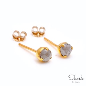 14k Solid Gold, Gray Diamond Studs, Rose Cut Diamond Earring, Minimalistic Jewelry, 3 Prong Stud, Small Studs, Mother&#39;s Day Gift