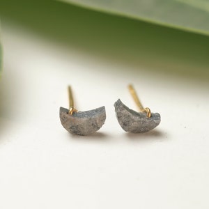 14K Solid Gold Crescent Moon Stud earrings, Tiny Raw Grey Diamond Dangle Drop Celestial Space earring, Unique Aesthetic Wedding Bridal gifts