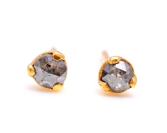 14k Solid Gold Salt and Pepper Rose Cut Diamond Studs Earrings - A Minimalistic 3 Prong Design, Perfect as Small Gift for Valentine's Day