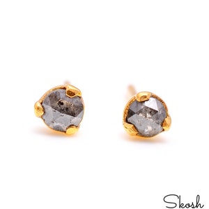 14k Solid Gold Salt and Pepper Rose Cut Diamond Studs Earrings - A Minimalistic 3 Prong Design, Perfect as Small Gift for Valentine&#39;s Day