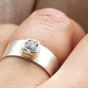 Raw Rough Gray Diamond Solitaire Band Ring - 925 Sterling Silver Ring - Stackable Ring - Rough Diamond Jewelry