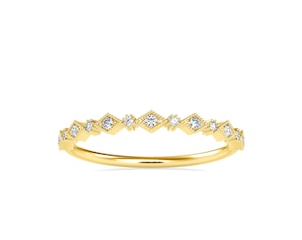 Minimalist Vintage Wedding Band, 10k/14k Gold Stackable Lab Grown Diamond Ring, Art Deco Dainty Ring - Birthday Gift for Her