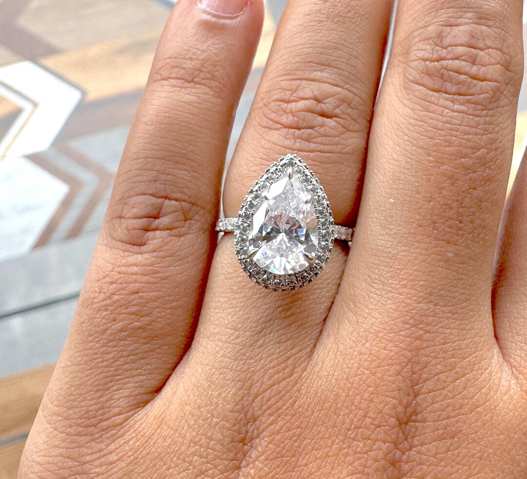 3.70 Carats Pear Cut Lab Grown Diamond Double Halo Engagement Ring ...