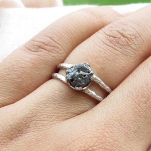 Black Raw Diamond Solitaire Everyday wear Ring - 925 Sterling Silver Ring - Alternative Engagement Ring