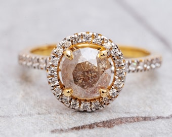 1.60 Carat Peach Round Brilliant Cut Diamond Engagement Ring Promise Ring Halo Ring Gift For Her