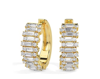 Baguette Diamond Lab Grown Diamonds Small Hoop Bridal Earrings - Minimalist Dainty Wedding Jewelry