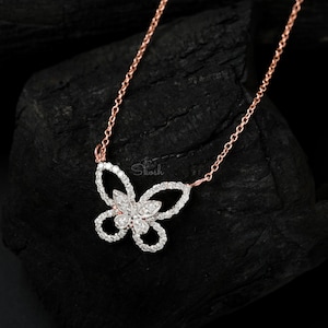 Butterfly Lab Grown Diamond Charm Pendant Necklace, 14K Solid Gold Jewelry, Gift for Her