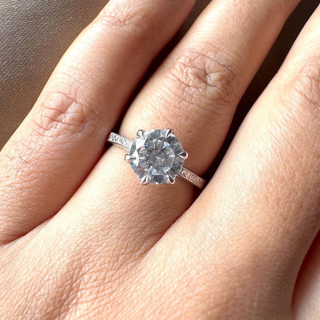Lab Grown Diamond Engagement Ring, 2 Carat Round Cut Solid Gold Ring ...
