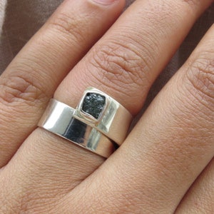 Chunky Sterling Silver Black Raw Diamond Solitaire Ring - 925 Sterling Silver Ring - Stackable Ring - Rough Diamond Jewelry