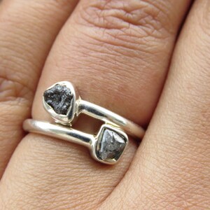 2 Stone Black Raw Diamond Ring - 925 Sterling Silver Ring - Stackable Ring - Rough Diamond Jewelry