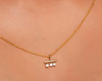 Three Diamond Charm Pendant Necklace, Bar Pendant, Lab Grown Diamonds, 14K Solid Gold Jewelry, Gift for Her