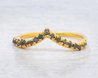 原石ブラックダイヤモンドの結婚指輪、原石ダイヤモンドのスタッキングリング 14K ゴールド、彼女への高級リングギフト、倫理的なブラックダイヤモンド、紛争フリー