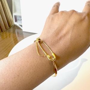 14k Solid Gold Safety Pin Cuff Bracelet, Anniversary Gift for Her,  Statement Luxury Jewelry, Diamond Charm Bracelet