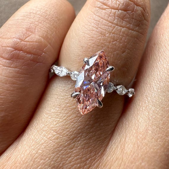 2.40 Carat Pink Marquise Lab Grown Diamond Engagement Ring | Marquise-Round Diamond Band | Wedding Ring Gift for Her | 1.50 Ct Center Stone