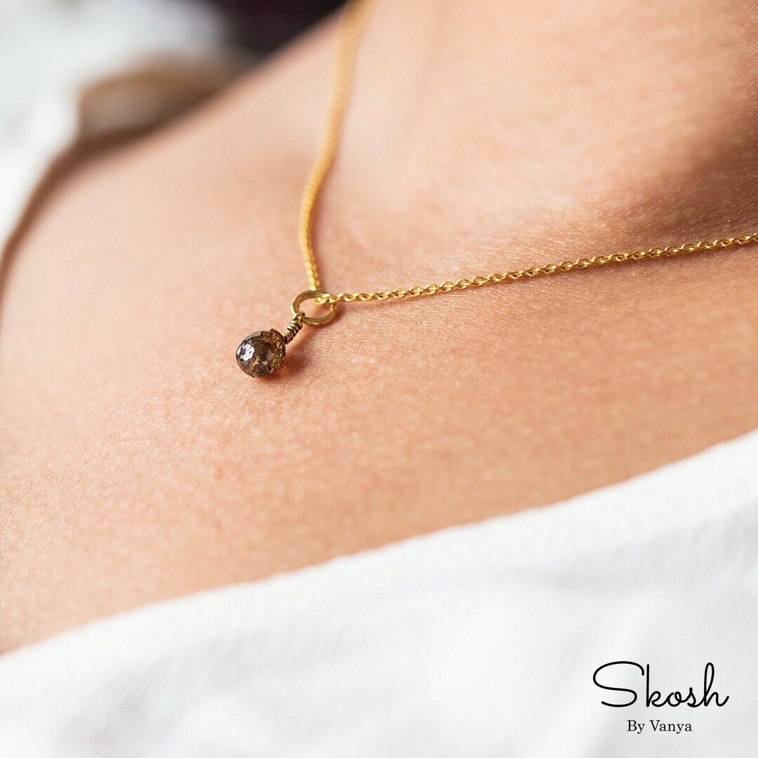14K Solid Gold Necklace, Minimalistic Jewelry, Cognac Brown Diamond