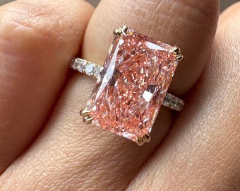4.85 Carat Pink Radiant Cut Lab Grown Diamond Engagement Ring, IGI Certified, 9k & 14k Solid Gold Wedding Ring, Anniversary Gift for Her