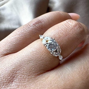 0.85 Carat Round Cut Lab Grown Diamond Engagement Ring with Marquise Diamonds, Lab Created Diamond - Nature Inspired Gold Jewelry