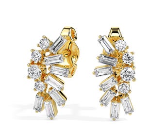 Gouden Sunburst-oorbellen met ronde en stokbrooddiamanten, 14k massief gouden statement-sieraden, in het lab gekweekte diamanten bruiloft bruidsoorbellen
