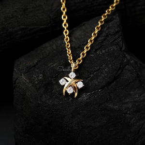 Four Diamond Charm Pendant Necklace, Lab Grown Diamonds, 14K Solid Gold Jewelry, Gift for Her