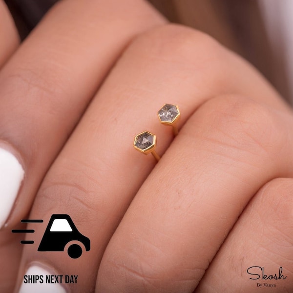 Hexagon Rose Cut Salt and Pepper Minimalist Diamond Stud Earrings in 14k Solid Gold, Small Studs, Minimalistic Bridal Jewelry, Unique gift