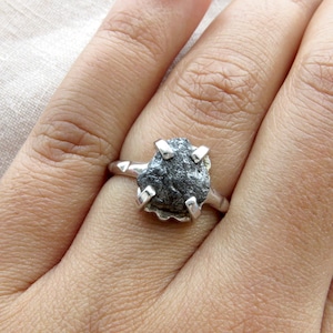 Huge Raw Rough Black Diamond Solitaire Ring - 925 Sterling Silver Ring - Stackable Ring - Rough Diamond Jewelry
