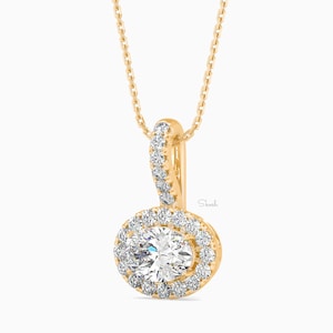 1 CTW Round Cut Halo Diamond Pendant Necklace, IGI Certified Lab Grown Diamond Solitaire Pendant, 0.25-1.50 CTW , 14k Solid Gold Jewelry
