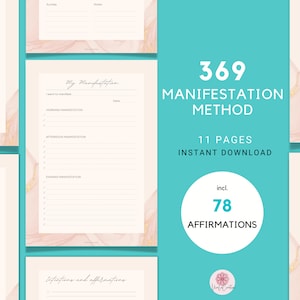 Könnte beinhalten: Ein digitaler Download mit dem Titel "369 Manifestation Method" mit 11 Seiten und 78 Affirmationen. Das Design zeigt einen türkisfarbenen Hintergrund mit Text und Seiten in einem sanften Rosa- und Goldfarbschema. Der Text enthält "My Manifestation" und "Instant Download".